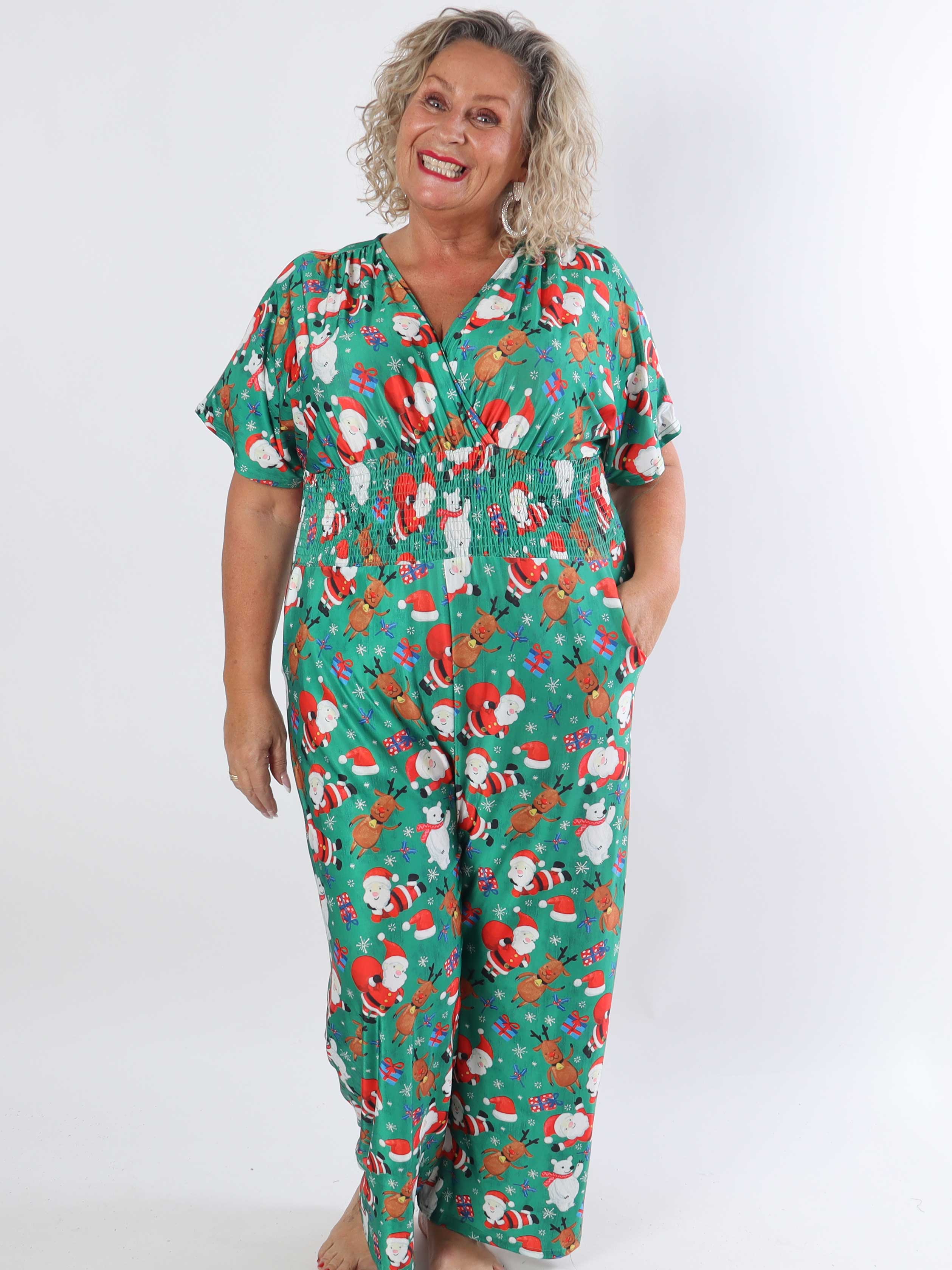 Pams Christmas Jumpsuit - Elastisk plus size buksedragt med julemotiver